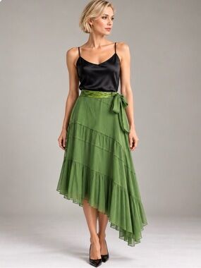 Vintage Carole Little Green Silk Asymmetrical Tiered Skirt 10 Sequins Party NWT